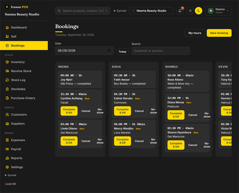 Bookings calendar with a column for each stylist