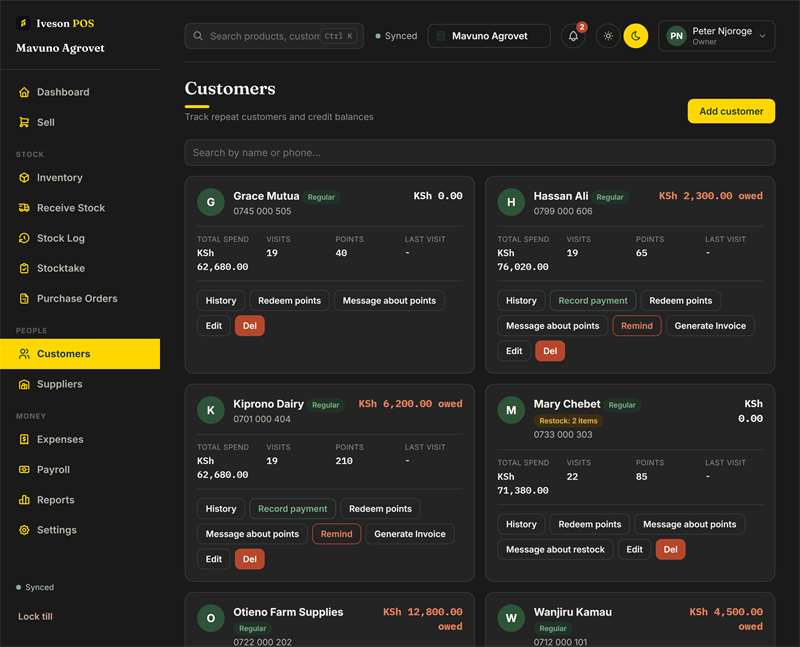 Customer cards showing balances owed with record payment and remind buttons