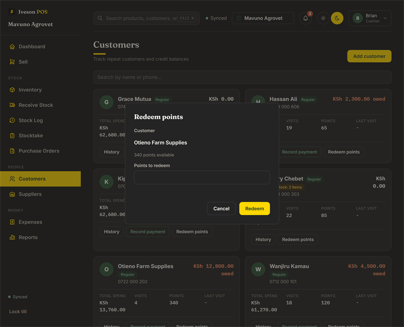 Redeeming 340 loyalty points for a customer