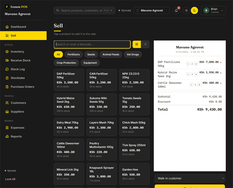 The Sell screen with fertilizer, seed and feed products and a sale in the cart