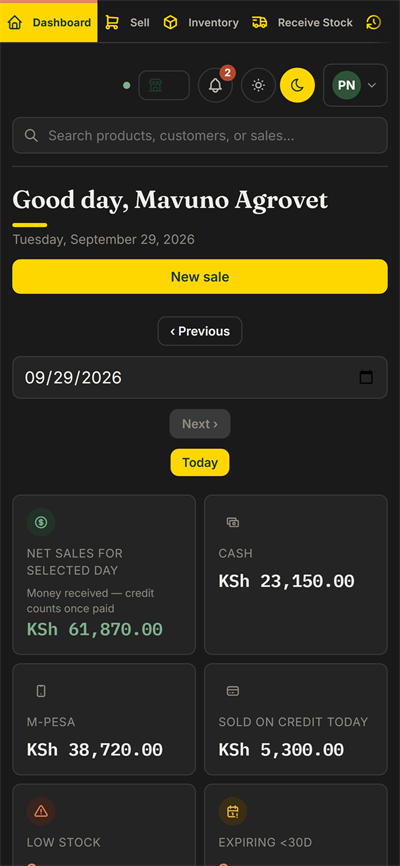 Iveson POS dashboard on a phone in dark mode