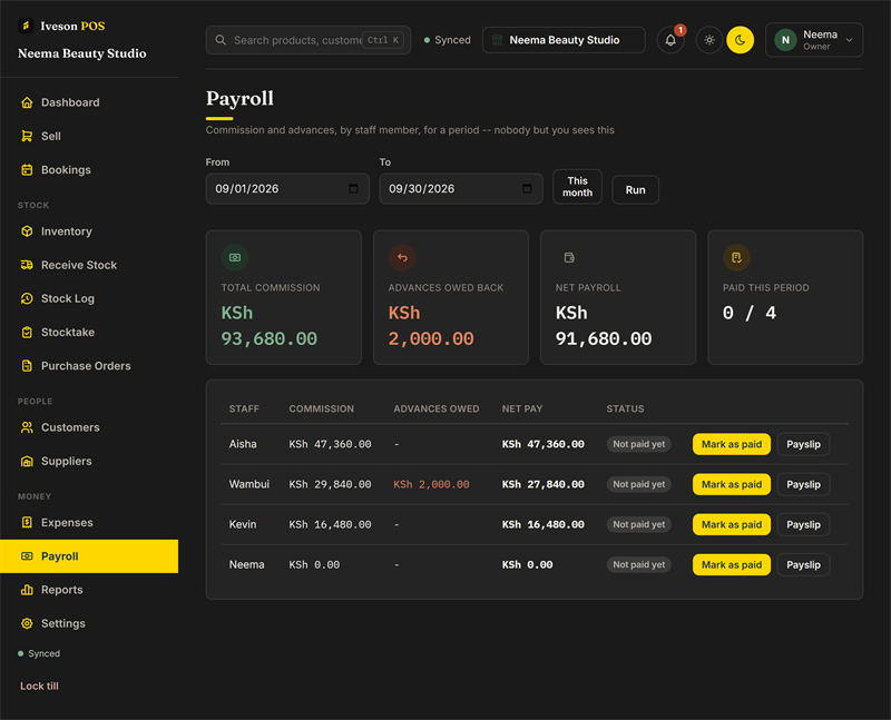 Payroll showing each stylist's commission, advances owed and net pay